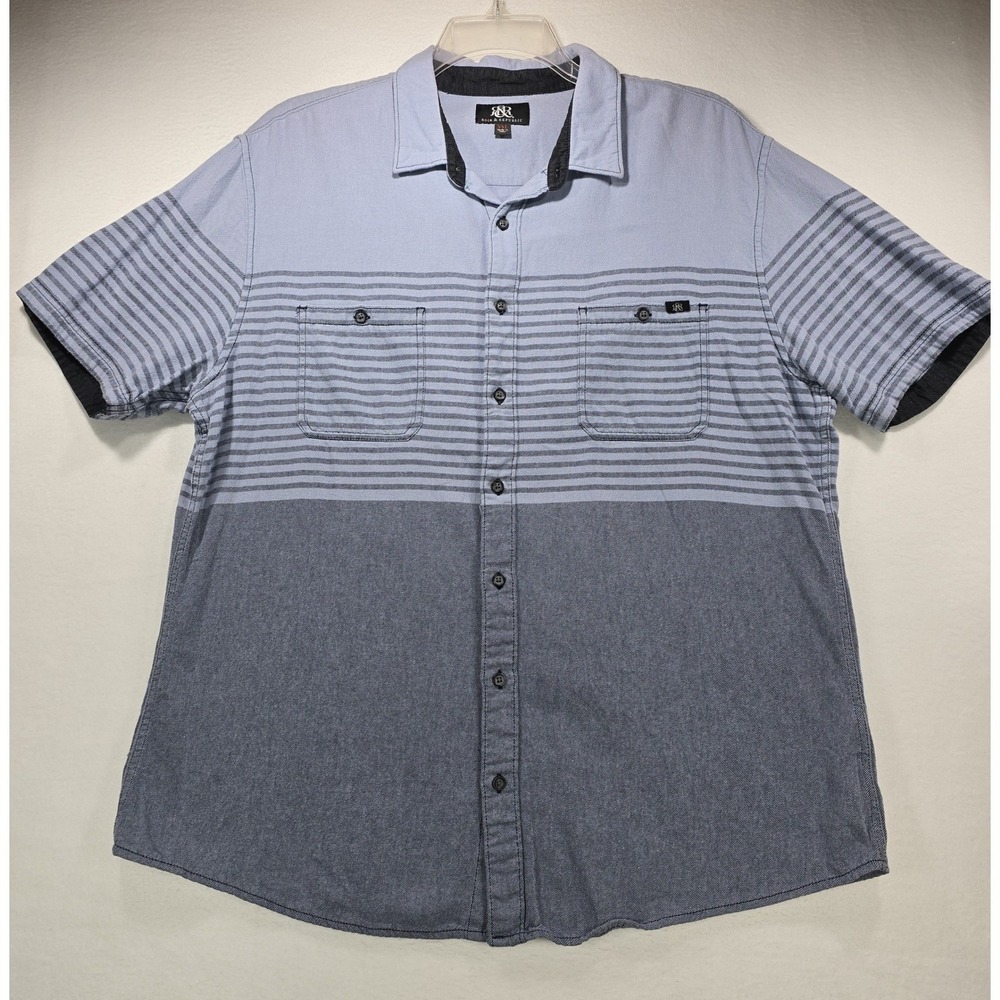 Rock & Republic Mens XXL Blue Gray Striped Colorblock Short Sleeve Button Down
